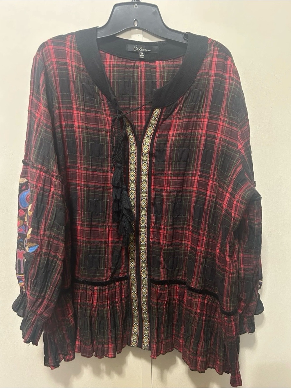 Caleesa Red Plaid Boho Tassel Tunic Top